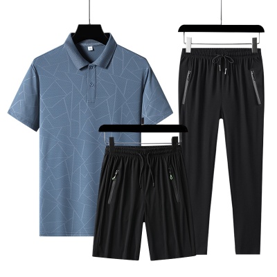 爸爸夏装套装冰丝短袖t恤中老年运动套装男士父亲节夏季速干T衣服