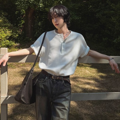 MYQ亨利领短袖T恤男士夏季宽松百搭体恤韩版潮流高级感半袖上衣