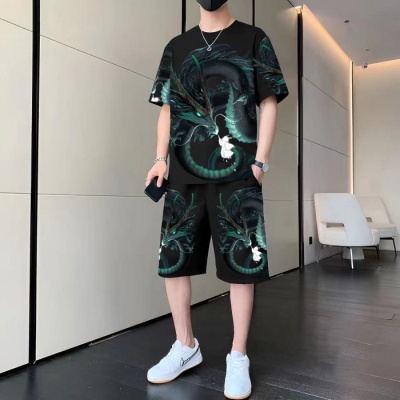 休闲运动套装男士短袖T恤短裤沙滩装潮流青年中国龙图案两件套夏