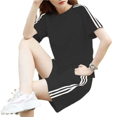 潮仑布夏季两件套宽松休闲短袖T恤短裤ins三道杠跑步舒适运动套装